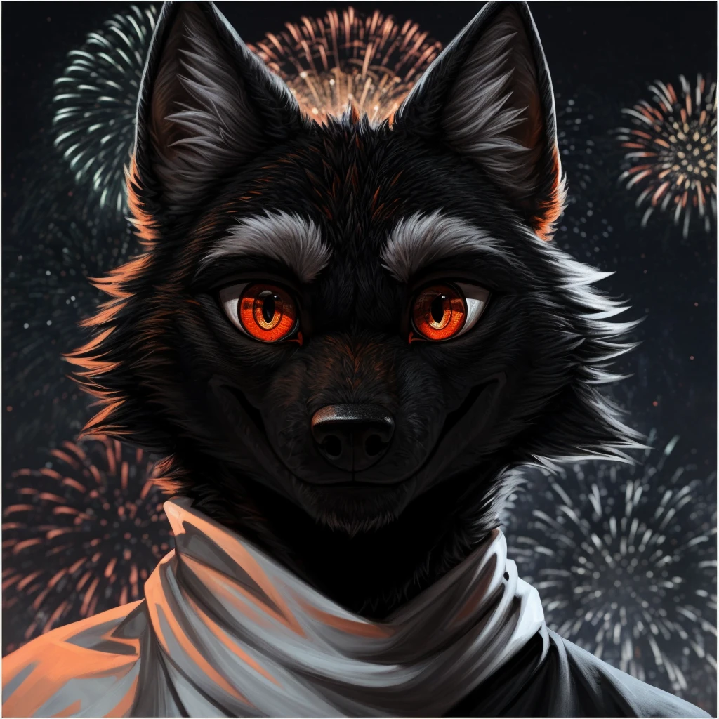 Old Male black fur wolf face (small smile), wearing white scarf, wearing black jacket, Looking towards the camera, front perspective, background fireworks, shiny fireworks, Head only, headshot perspective, orange eyes (red pupil (black line in the middle of pupil)), predatory eyes, sharp eyes. Ultra high graphic, ultra high quality,