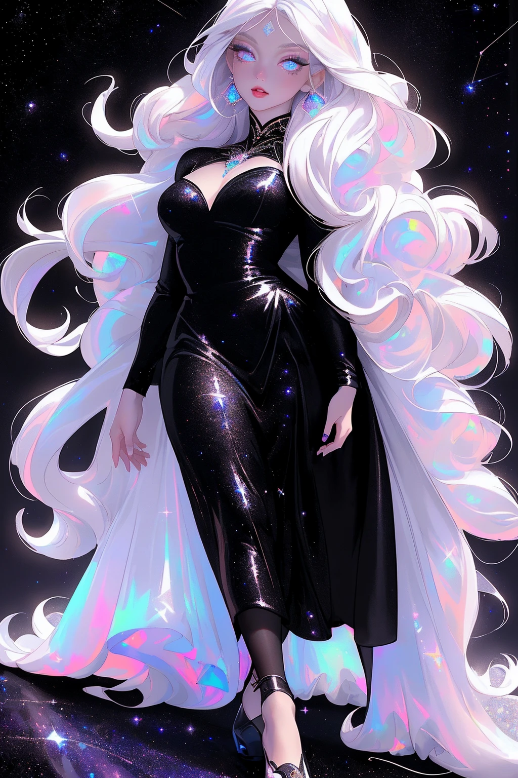 {-erro_de_anatomia:1.0} masterpiece, highest quality, (perfect face:1.1, (high detail)1.1, sweet stardust vampire , long soft white hair, opal eyes, perfectly drawn face, black dress, stars detailed background, prismatic lighting, glitter, whole body, walking feet under the stars