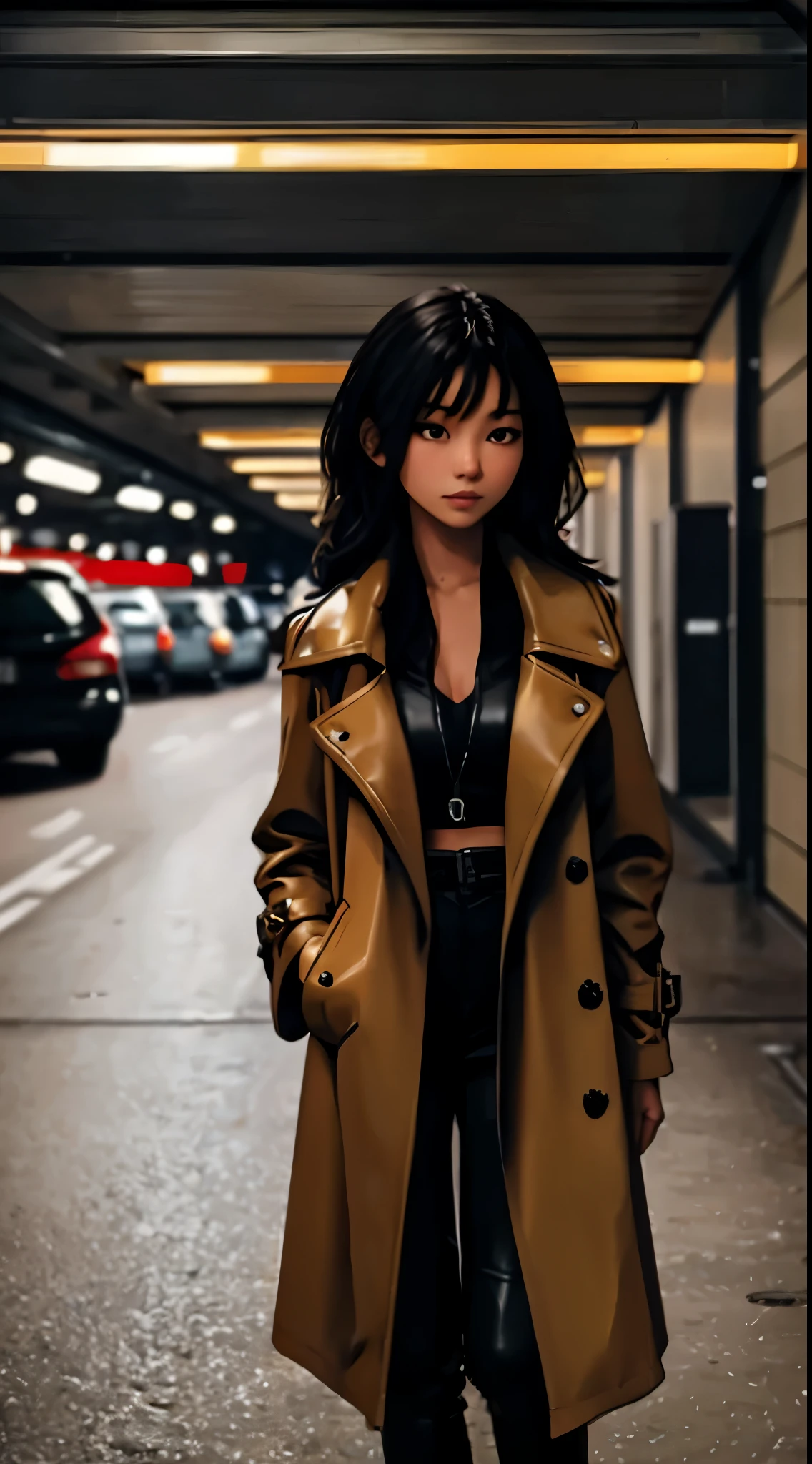 Ultra quality, masterpiece,  women Asian, perfect face, black hair fringed, model spinning around, lost and confused expression, long fitted tan trench coat, Coat open, low cut black long sleeve top, black leather pants, tan boots (((same as jacket))),  large breast 1.4, low lit parking ramp,