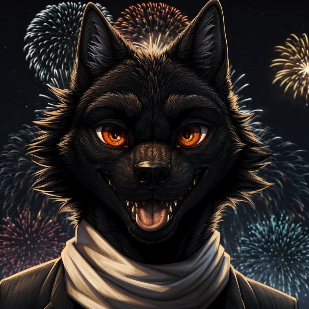 Old Male black fur wolf face (small smile (black fur mouth),(add some light on the mouth),(tounge coming out a little bit)), wearing white scarf, wearing black jacket, Looking towards the camera, front perspective, background fireworks, shiny fireworks, Head only, headshot perspective, orange eyes (red pupil (black line in the middle of pupil)), predatory eyes, sharp eyes. Ultra high graphic, ultra high quality,