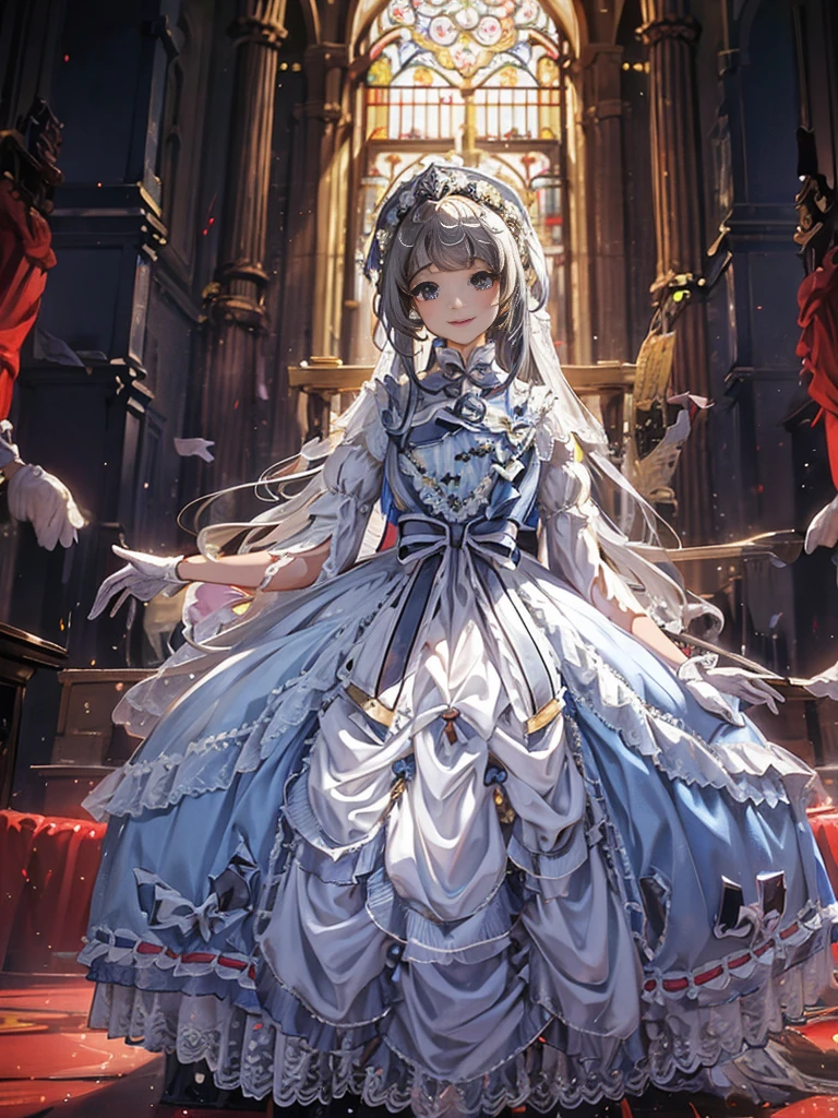 In front of the altar of a majestic church、（blurry backround）、brightened light、golden long hair girl、Classic White Wedding Dresses、（elegant luster）、（Lots of races）、lots of ribbons、（（voluminous puff sleeves））、long cuffs with many buttons、golden embroidery、Long Train、white embroidered gloves、5 fingers、A smile、Redness of the cheeks
