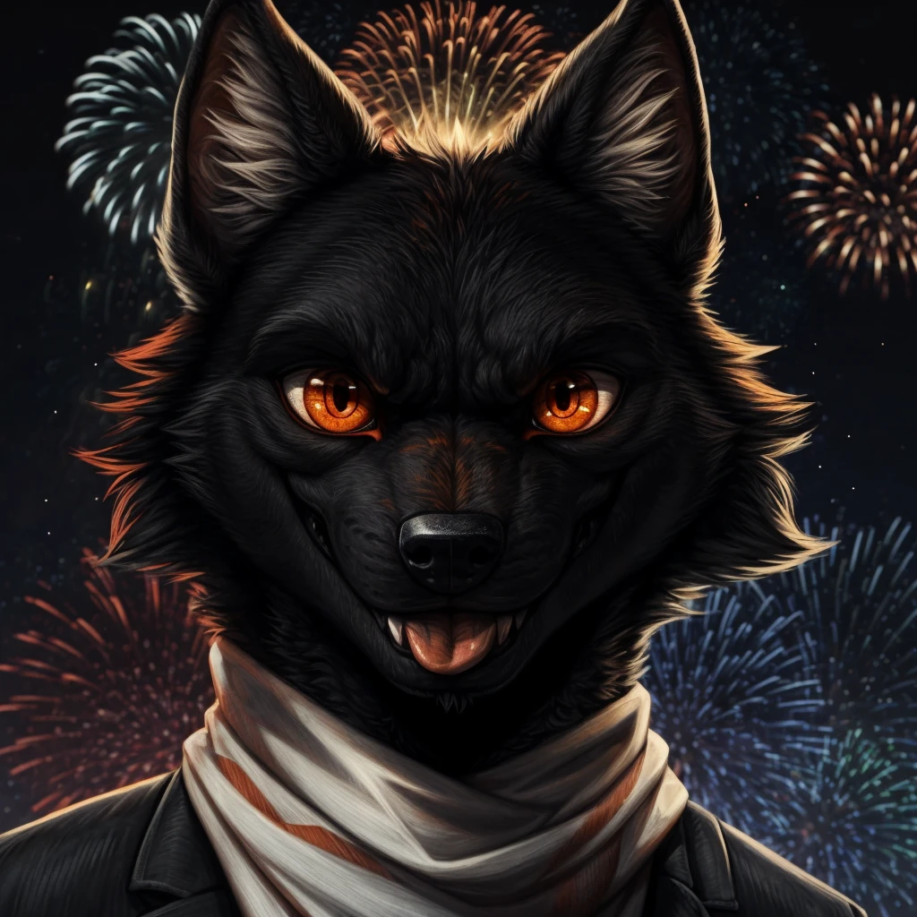 Old Male black fur wolf face (small smile (black fur mouth),(add some light on the mouth),(tounge coming out a little bit),(mouth closed)), wearing white scarf, wearing black jacket, Looking towards the camera, front perspective, background fireworks, shiny fireworks, Head only, headshot perspective, orange eyes (red pupil (black line in the middle of pupil)), predatory eyes, sharp eyes, angry eyes, (orange eyes, red pupil). Ultra high graphic, ultra high quality,