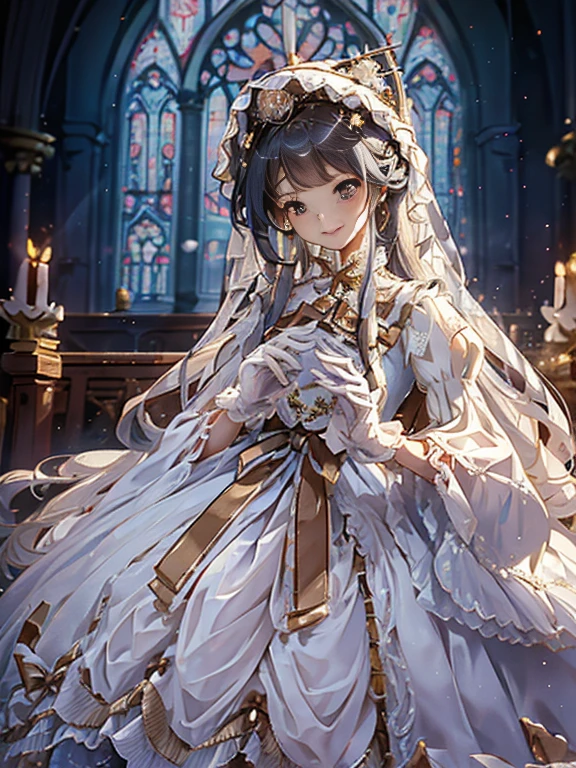In front of the altar of a majestic church、(blurry backround)、brightened light、golden long hair girl、Classic White Wedding Dresses、(elegant luster)、(Lots of races)、lots of ribbons、(((voluminous puff sleeves)))、long cuffs with many buttons、golden embroidery、Long Train、white embroidered gloves、(((Precise, precise, cute hands)))、A smile、Redness of the cheeks