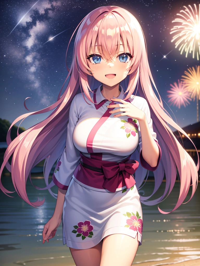 aahonami, long hair, pink hair, blue eyes, 8K, Night, Shooting Star, Clouds, Floral Yukata, Yukata, 25 years old, Bright Colorireworks: 1.4), (New Year: 1.1), (Festival: 1.1), (Sharp Focus: 1.2), (Cowboy Shot: 1.2), (Smile: 1.1), (Teeth: 1.1), Bridge, Overlooking the Lake, (Water Reflection: 1.2), Glitter, Floating Particle, Colorful Particle, Lots of Fireworks