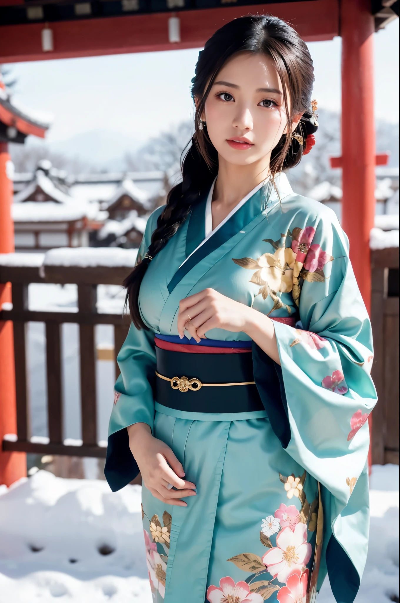 Japanese shinto shrines in snowy landscapes, Early morning of New Year's Day, (A beautiful Japanese girl in a long-sleeved kimono for New Year's celebration, floral print, fur-piece), solo, (Photorealistic:1.4), masterpiece, Best Quality, 8K, ultra high-resolution, cowboy shot, Like a Japanese Idol, Extremely cute, elegant, Slightly bewitching, parted lips, glossy skin, cinematic composition, professional warm lighting and shading, extremely detailed eyes and face, eyes with beautiful details, insanely detailed beautiful realistic skin texture, (correct body balance, accurate hands, accurate eyes)