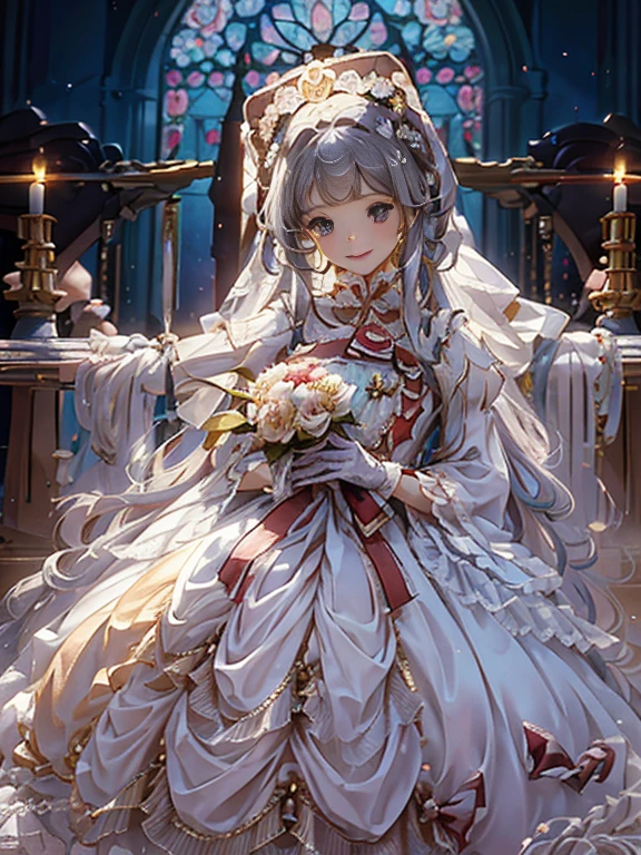 In front of the altar of a majestic church、(blurry backround)、brightened light、golden long hair girl、Classic White Wedding Dresses、(elegant luster)、(Lots of races)、lots of ribbons、(((voluminous puff sleeves)))、long cuffs with many buttons、golden embroidery、Long Train、white embroidered gloves、(((precise, precise, pretty hand)))、A smile、Redness of the cheeks、((()Carrying a gorgeous and gorgeous bouquet))