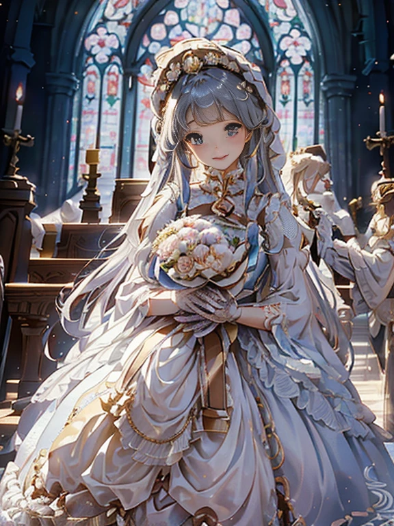 In front of the altar of a majestic church、(blurry backround)、brightened light、golden long hair girl、Classic White Wedding Dresses、(elegant luster)、(Lots of races)、lots of ribbons、(((voluminous puff sleeves)))、long cuffs with many buttons、golden embroidery、Long Train、white embroidered gloves、(((precise, precise, pretty hand)))、A smile、Redness of the cheeks、((()Carrying a gorgeous and gorgeous bouquet))