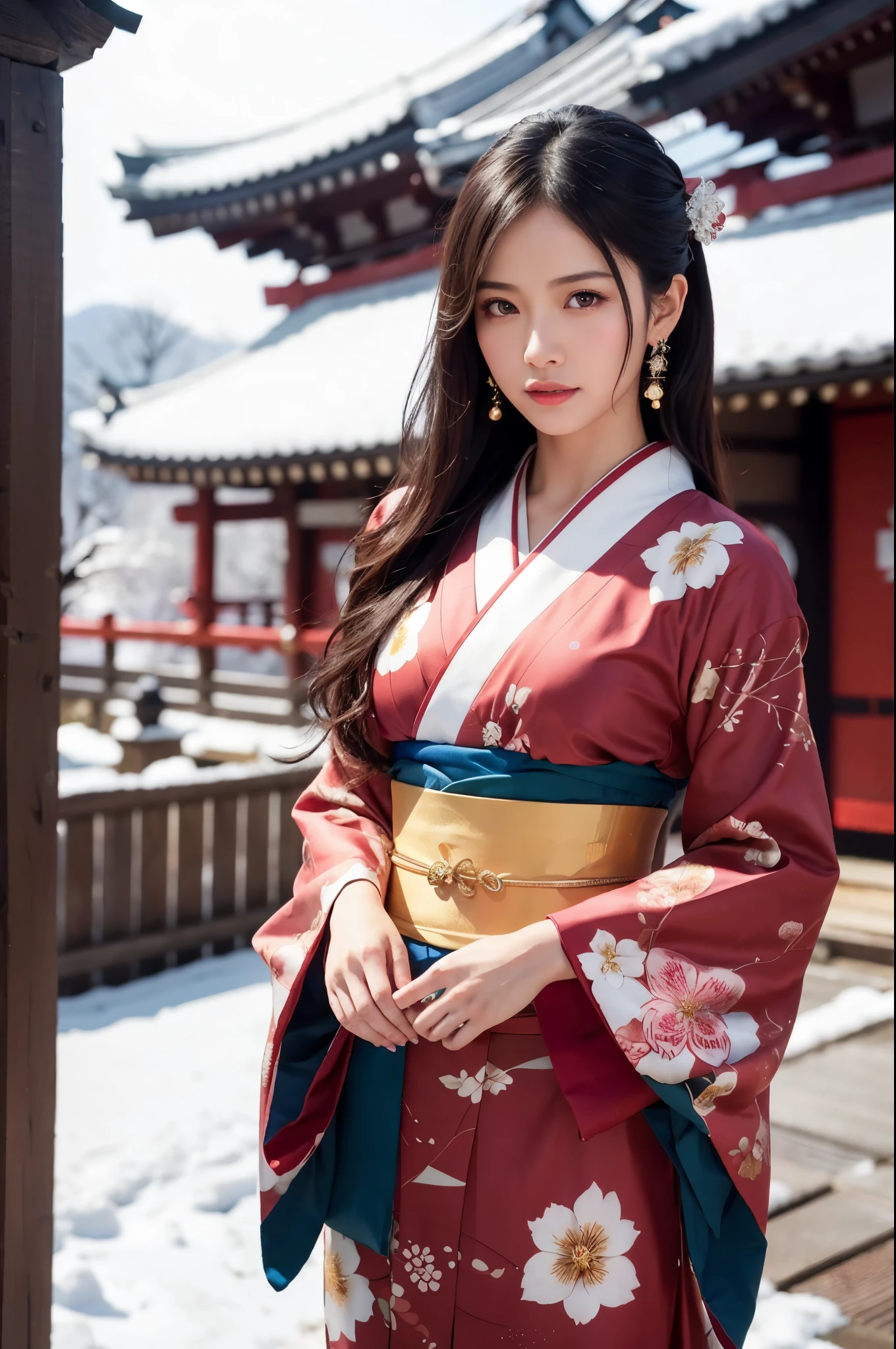 雪景色の中の日本の神社, 元旦の早朝, (新年を祝うために長袖の着物を着た美しい日本の女の子, 花柄, 毛皮の), 一人で, (写実的な:1.4), 傑作, 最高品質, 8K, 超高解像度, カウボーイショット, 日本のアイドルのように, とてもかわいい, エレガント, 少し魅惑的, 唇を離した, ツヤのある肌, シネマティックな構図, プロフェッショナルな温かみのある照明と陰影, 非常に詳細な目と顔], 細部まで美しい目, 非常に詳細で美しいリアルな肌の質感, (体のバランスを整える, 正確な手, 正確な目)