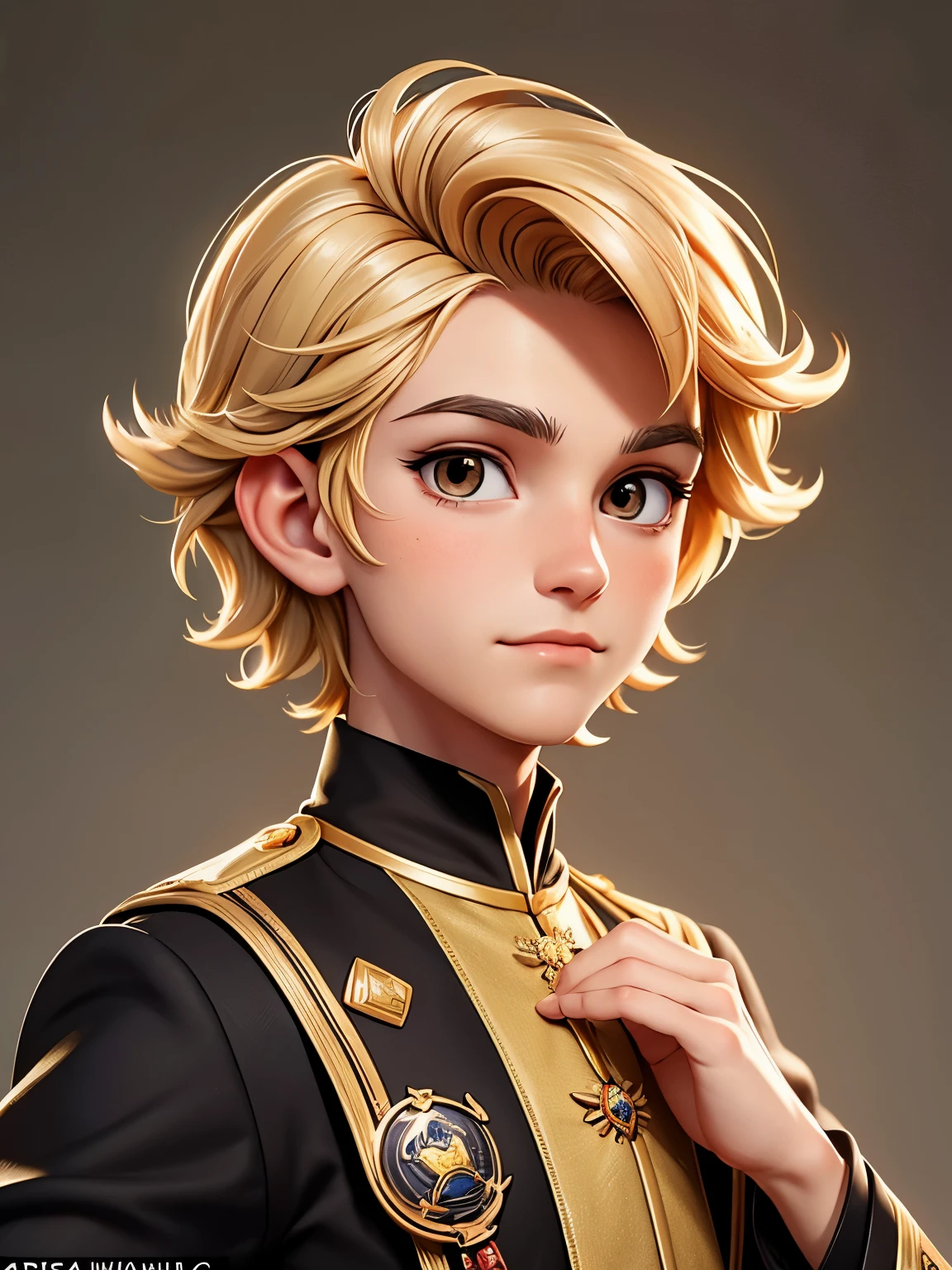 A drawing of a young man in a uniform with blonde hair - SeaArt AI