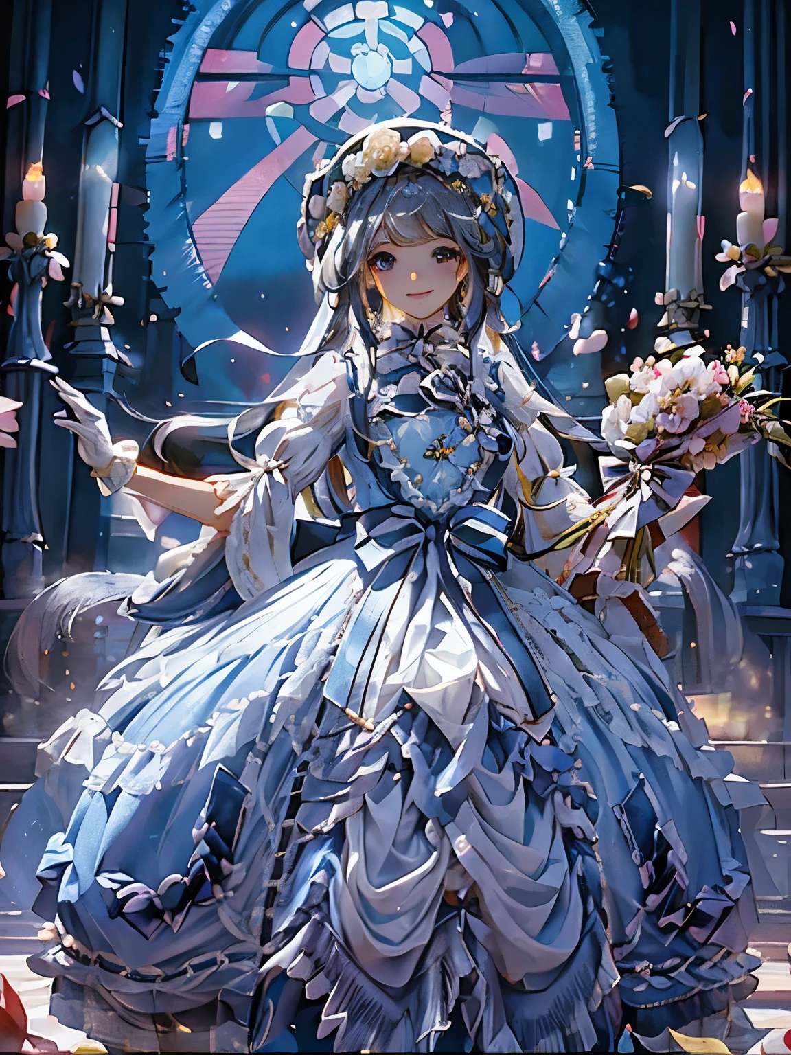 In front of the altar of a majestic church、(blurry backround)、brightened light、golden long hair girl、((look at a camera))、(((precise, precise, pretty hand)))、A smile、Redness of the cheeks、Classic White Wedding Dresses、(elegant luster)、(Lots of races)、lots of ribbons、(((voluminous puff sleeves)))、long cuffs with many buttons、golden embroidery、Long Train、white embroidered gloves、、(((Holding a bright and gorgeous bouquet of flowers)))