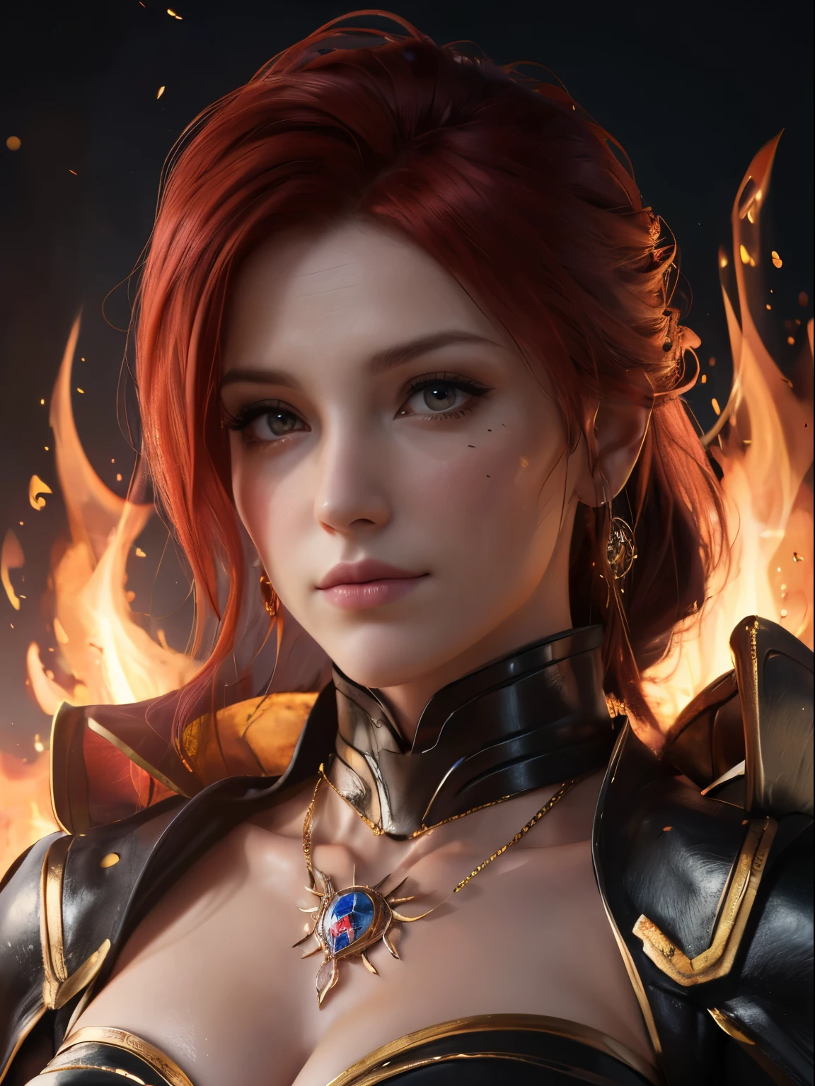 (headshot) (best quality) (high detail) woman's face with eyes of fire and fiery hair flowing in front of her face, Cinders swirling in the air, fire embers around her, (pyro) fire tattoos, flame tattoos, tattoos, smirk, fiery smoke in background, HDR, 4K, 3D, digital art