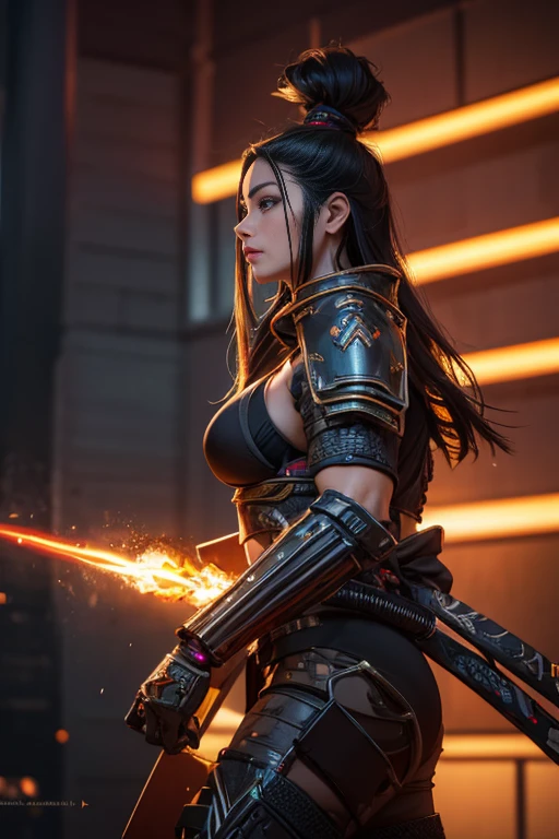 Beautiful Alluring Cyberpunk Samurai, pele nua, Well-toned athletic body, forma elegante, pele nua, Fora no Neon Palace, mal vestido, Beautiful Face, Smaurai-inspired bikini armor, mechanical limbs, Robotic parts on display, pele cromada, shiny neon pieces, japanese theme, tema cyberpunk, fiverr dnd personagem, octan render, arte digital, Detalhe extremo, 4k, Ultra HD |, polido, Beautiful, hiperdetalhado, intrincado, elaborar, meticuloso, fotorrealista, foco nítido, WLOP, design de personagens, Motor irreal, Volumetric lighting, reflexions, glossy, digital illustation,  Posar, Suggestive Posar, lascivo, tiro de corpo inteiro, nu, Visible, detailed perfect hands