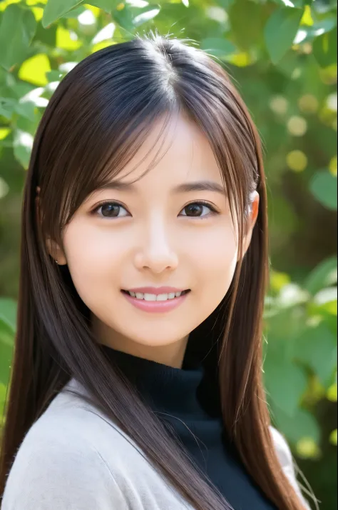 Slender Japanese woman looking at the camera、cute  face、A slight smil、Black turtleneck sweater、Green tree on background々or bushes、hight resolution、high-definition picture