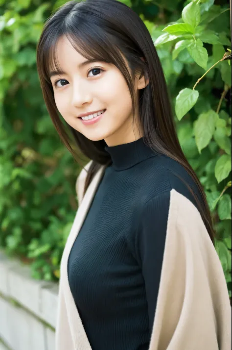 Slender Japanese woman looking at the camera、cute  face、A slight smil、Black turtleneck sweater、Green tree on background々or bushes、hight resolution、high-definition picture