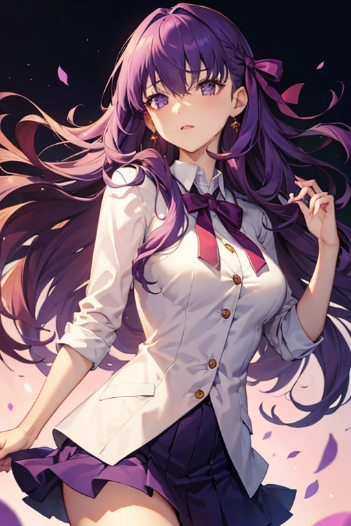 1girl,best quality, masterpiece, high resolution, solo, HD resolution, best quality, good quality, {matou_sakura_fatestaynightufotable:1.15}, purple_hair, long_hair, ribbon, hair_ribbon, purple_eyes, red_ribbon, 1 girl, short purple skirt, skirt, purple miniskirt, nice thighs, short white blouse, white shirt, big breasts, long_hair, empty_eyes