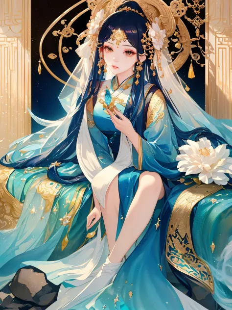 A woman in a blue dress sits on a rock, EtherealBeauty, beautiful fantasy empress, Queen of the Sea Mu Yanling, ((beautiful fantasy empress)), xianxia fantasy, Ethereal fantasy, full body xianxia, white hanfu, extremely beautiful and ethereal, Amazing youn...