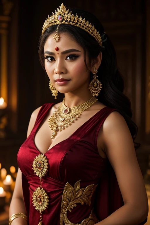 балийская злая королева, Злодей, страшный, злой, вампир, волшебный, эпический, зеленая балийская традиционная одежда, смуглая кожа, красные глаза, храмовый фон, Высокое разрешение, сверхострый, 8К, шедевр