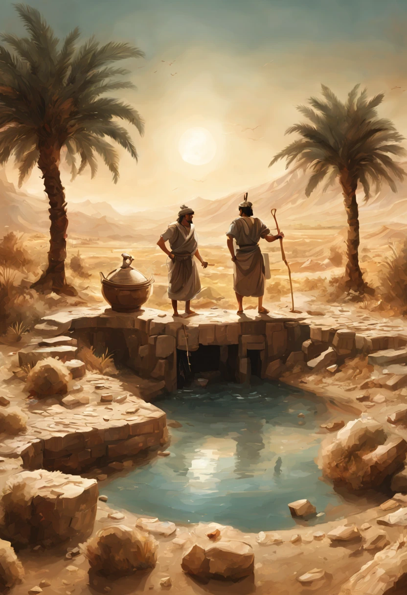 establezca la escena en un paisaje antiguo de Mesopotamia donde dos hombres derraman accidentalmente agua sobre los granos, conduciendo a la fermentación. Exprese la sorpresa y la curiosidad de los personajes al descubrir el proceso de elaboración de la cerveza.