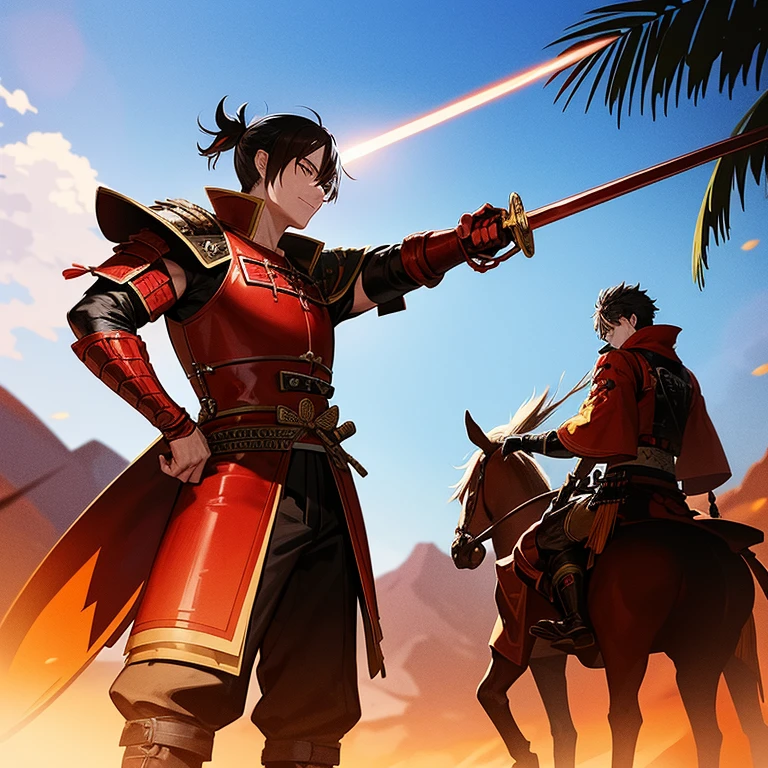 Un samurái con armadura roja y sostiene una espada de fuego en su mano derecha en un desierto sin agua con palmeras y el sol brillando al fondo.