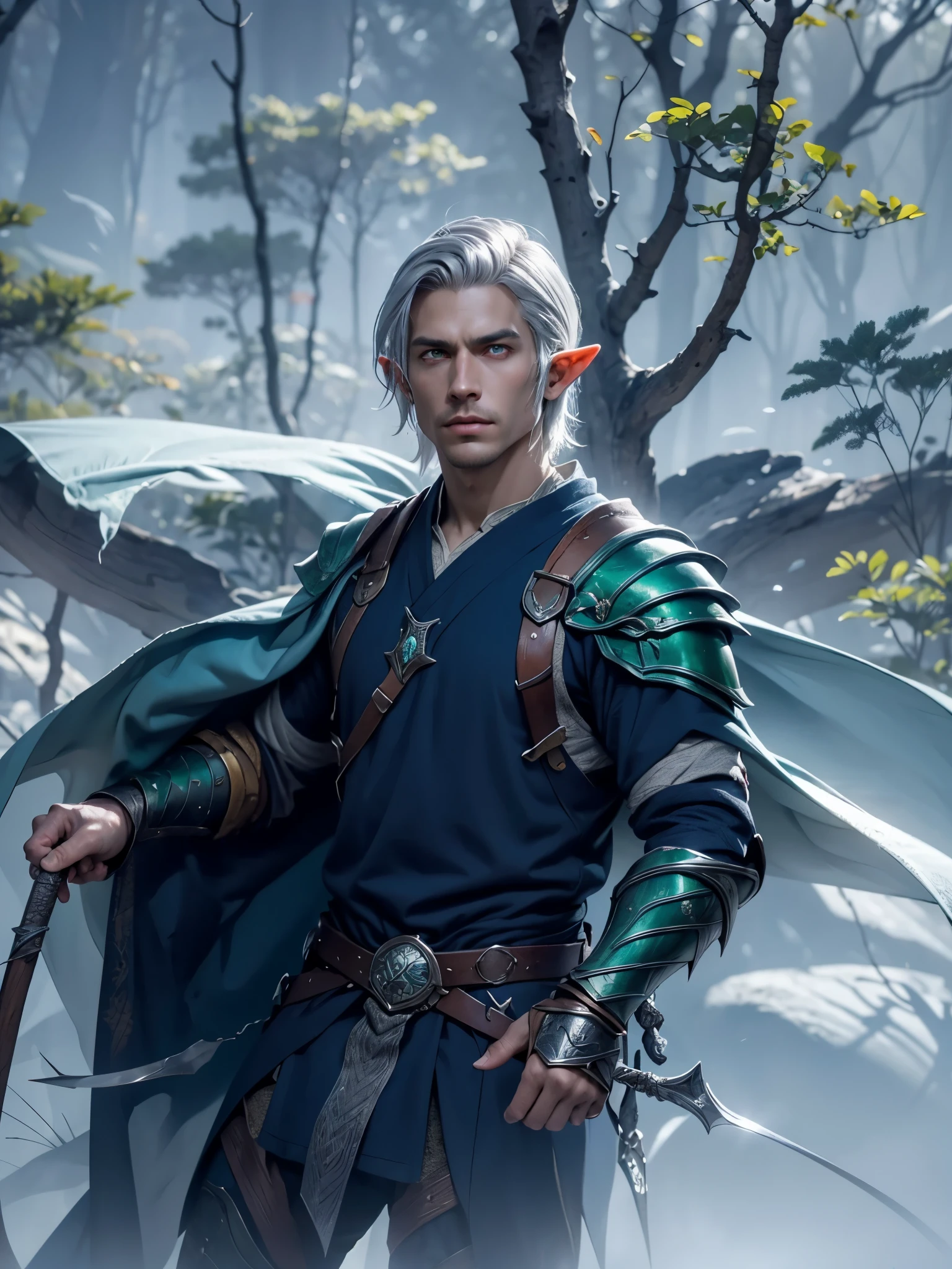 Half-Elf Warrior male, white robe, silver armor, fantasy, Hyper realistic and super detailed full body, Very long pale-Brown-silver-hair, Vibrant detailled green eyes, Detailed bronzed skin, Realistic, 8k, Highly detailed, Full frame length, Highly detailed RAW Color Art, Piercing, Soft diffused lighting, shallow depth of field, sharp focus, Hyperrealism, Film lighting, Fantastic forest backdrop, Raimbow-steel ovoid-cutting-shield