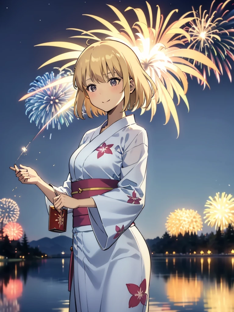 cha hae-in, 1girl, solo, blush, blonde hair, short hair, 8K, Night, Shooting Star, Clouds, Floral Yukata, Yukata, 25 years old, Bright Colorireworks: 1.4), (New Year: 1.1), (Festival: 1.1), (Sharp Focus: 1.2), (Cowboy Shot: 1.2), (light smile: 1.1), Bridge, Overlooking the Lake, (Water Reflection: 1.2), Glitter, Floating Particle, Colorful Particle, Lots of Fireworks, cracker in hands