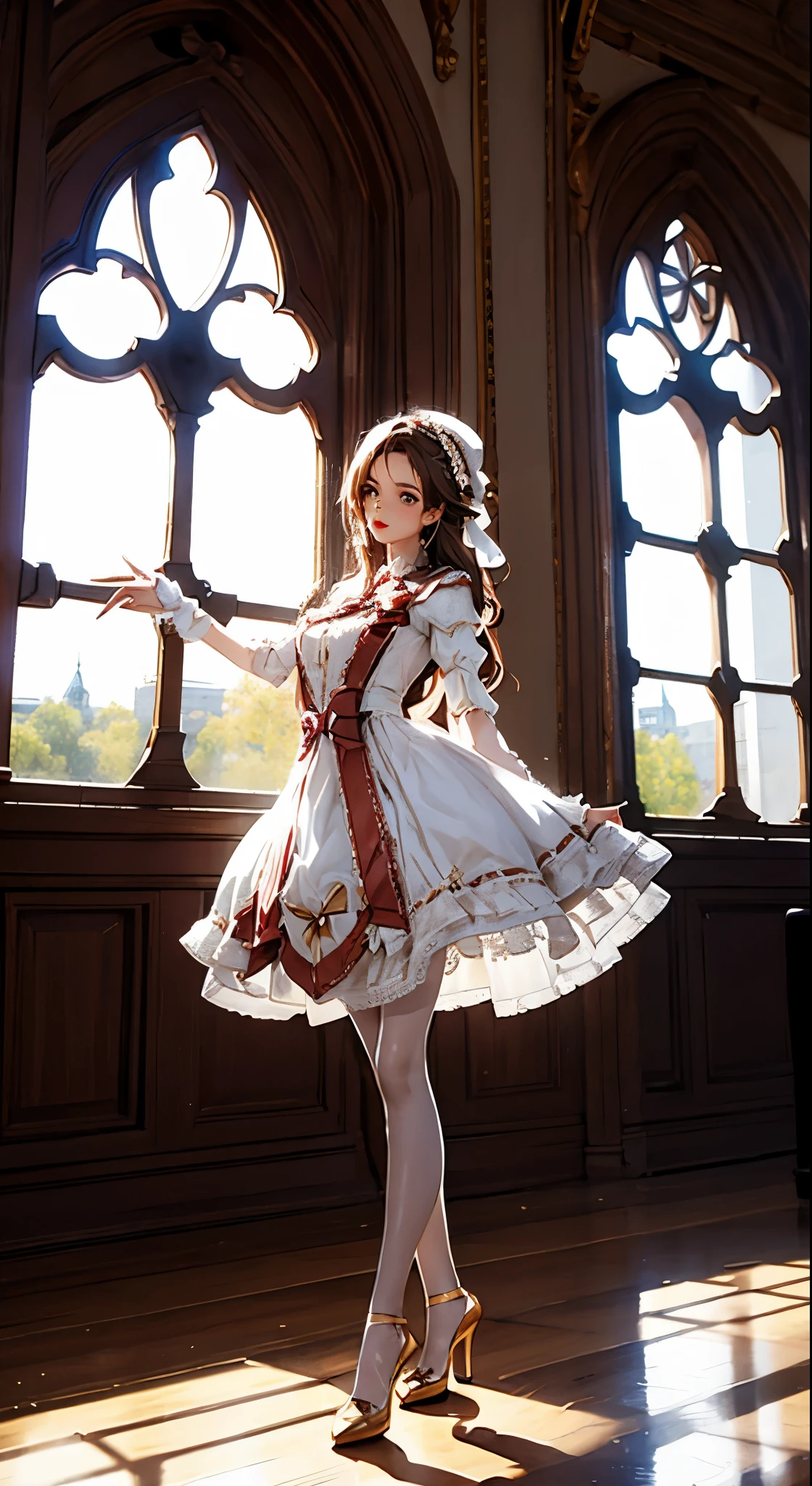 Best Quality, 1girl in, Rodres, White pantyhose,high-heels, Standing, Full body, Dancing, Indoors, in a castle, Luxurious decoration, vases, window, Sunshine,Precise limbs