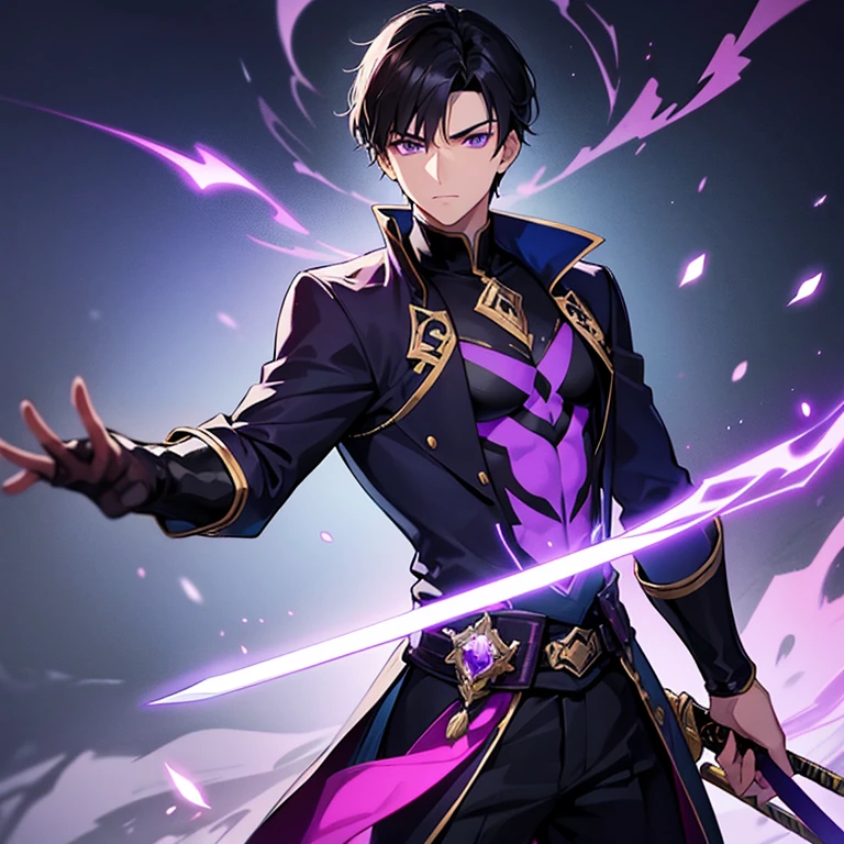 Cool young man　A dark-haired　He has a sword wrapped in purple flame.　Aura of Darkness　Dark Hero