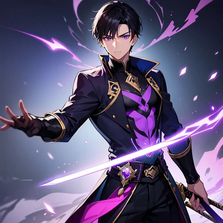 cool young man　a dark-haired　he has a sword wrapped in purple flame.　aura of darkness　dark hero