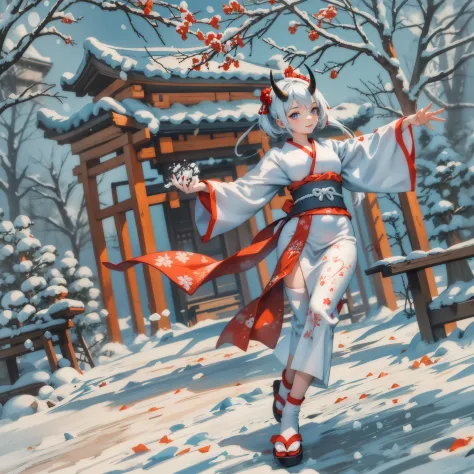 (masterpiece, best quality:1.2), (1girl, solo), 18years old, full body, white kimono, white short hair, red and black ONI horns,...