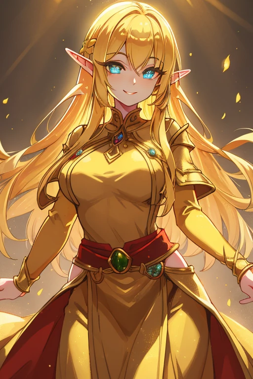 golden elf, golden hair, golden clothes, elf race, detailed eyes, detailed face, royal costume, with a power of light, smiling, (best quality, masterwork: 1.2), vivid colors, luminous lighting, bright golden tone .