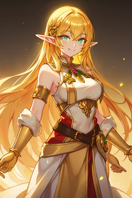 golden elf, golden hair, golden clothes, elf race, detailed eyes, detailed face, royal costume, with a power of light, smiling, (best quality, masterwork: 1.2), vivid colors, luminous lighting, bright golden tone .