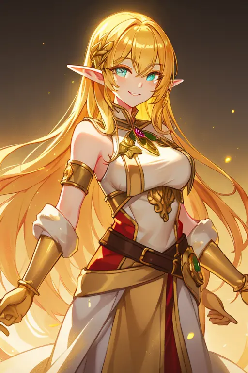 golden elf, golden hair, golden clothes, elf race, detailed eyes, detailed face, royal costume, with a power of light, smiling, ...