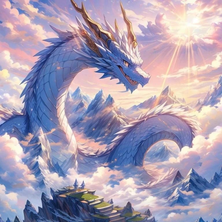 (Meisterwerk), beste Qualität, (Weiß_Drachen), cute face Drachen, ((one Drachen)) im Himmel, alter Hintergrund, Bergketten, glückverheißende Wolken, Sonnenstrahlen, Rosa Himmel, Epische Komposition, Drachen,