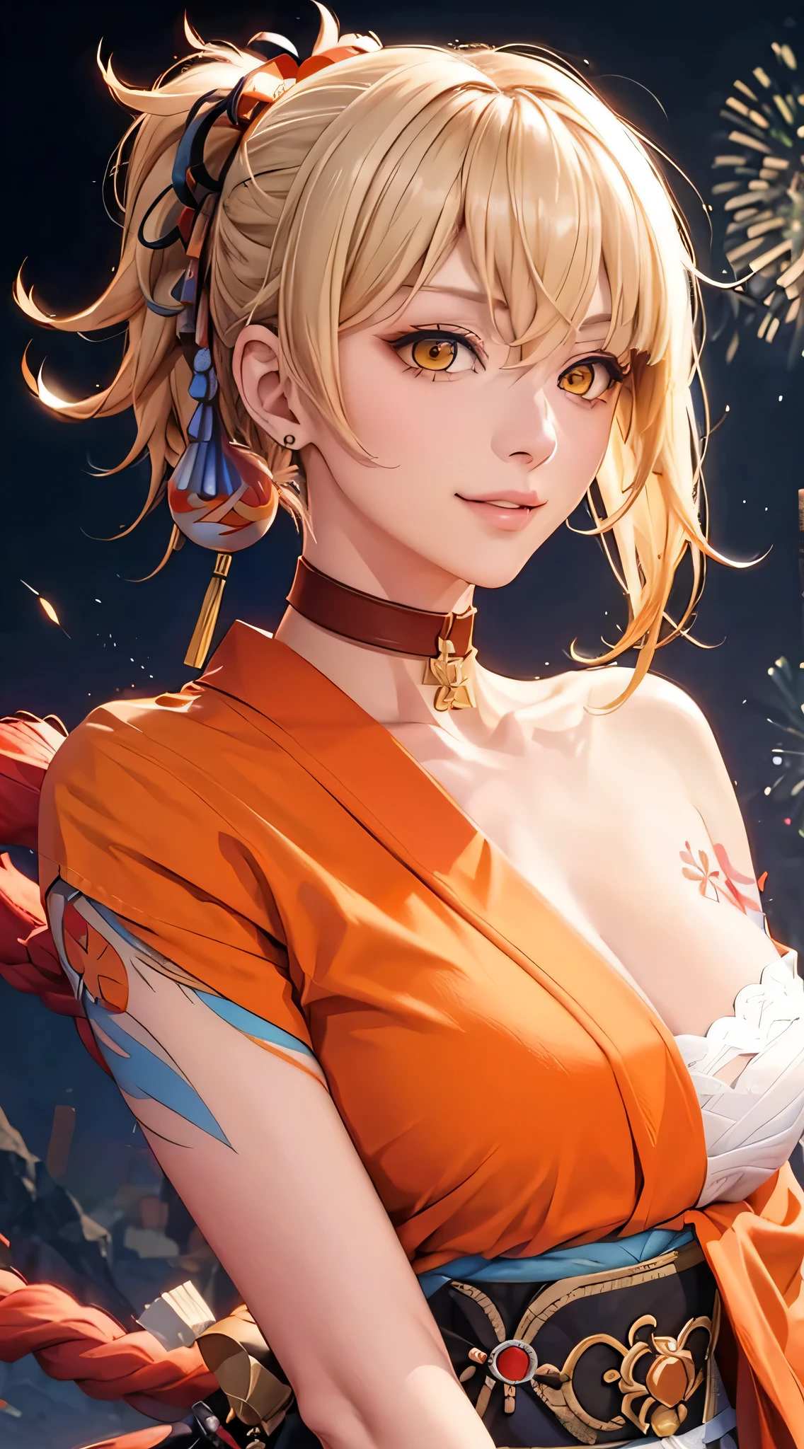 （（（Blonde hair, By bangs, hair adornments, pony tails, yellow-eyed, arm tattoos, chest tattoo, Orange eyes, Salahi, hair between eye,（（（Lagasprín，collars,，Japanese clothes，orange kimono，orange japanese clothing andged， 红色的collars, 鎖骨,））），（（（Wide hips））），S-shaped body:1.7））），((tmasterpiece)),A high resolution, ((Best quality at best))，tmasterpiece，quality，Best quality，（（（ exquisite facial features，looking at viewert,There is light in the eyes，Smilingly，Self-confident ））），（（（Light and shadow interlace，middling）））