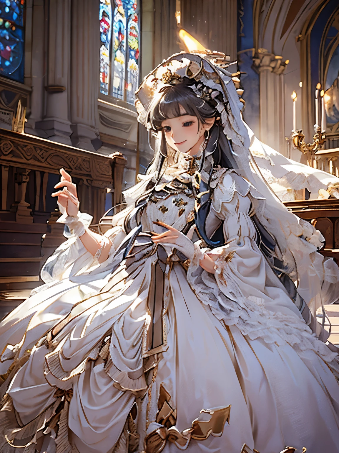 In front of the altar of a majestic church、((Blurry back))、brightened light、golden long hair girl、Classic White Wedding Dresses、(elegant luster)、((lots of rays))、lots of ribbons、(((voluminous puff sleeves)))、long cuffs with many buttons、golden embroidery、Long Train、white embroidered gloves、、(((((Precise hands)))))((((5 fingers))))、A smile、Redness of the cheeks