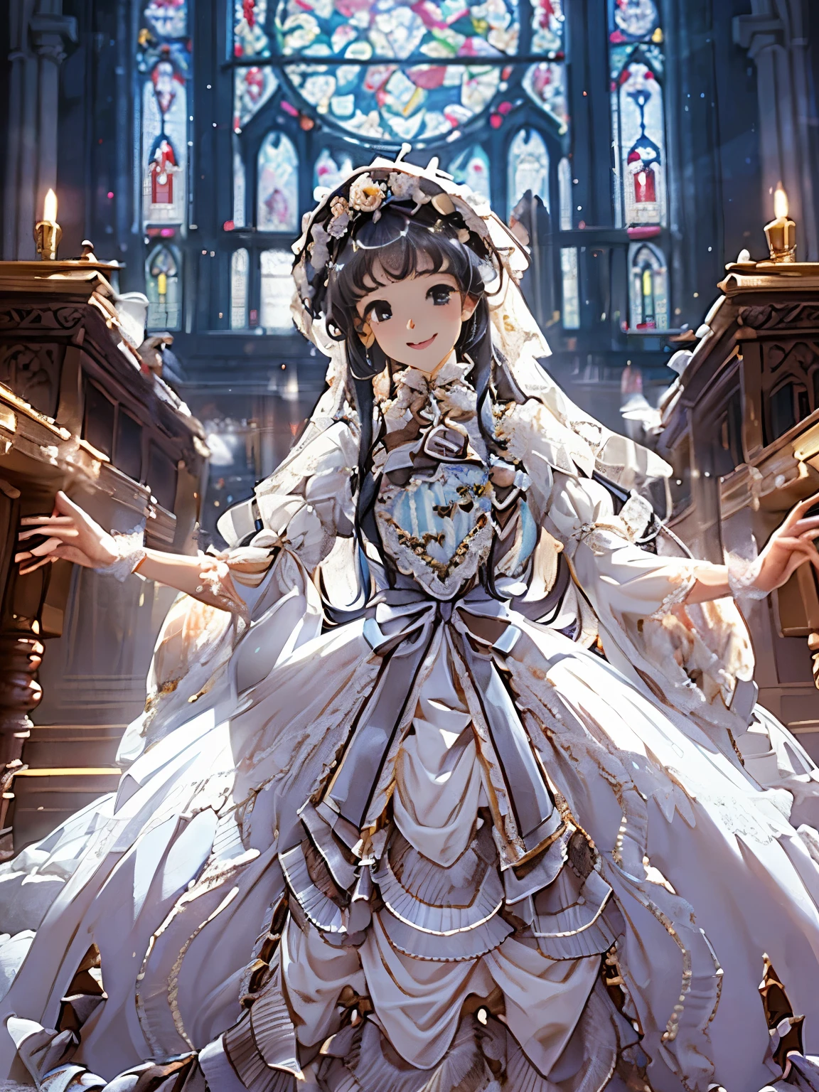 In front of the altar of a majestic church、((Blurry back))、brightened light、golden long hair girl、Classic White Wedding Dresses、(elegant luster)、((lots of rays))、lots of ribbons、(((voluminous puff sleeves)))、long cuffs with many buttons、golden embroidery、Long Train、white embroidered gloves、、(((((Precise hands)))))((((5 fingers))))、A smile、Redness of the cheeks