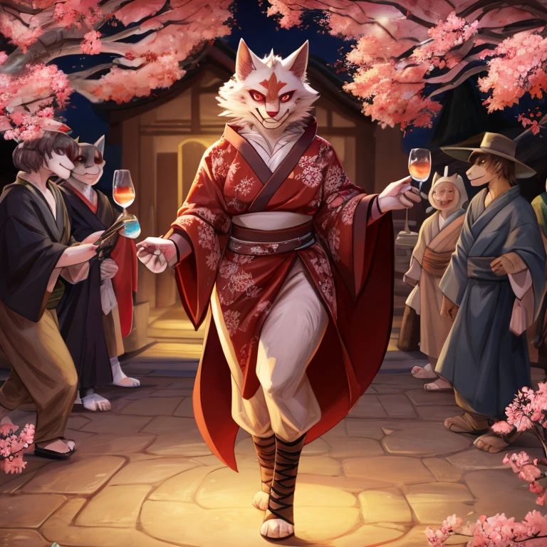 nekomono, wearing traditional japanese kimono, delicado e gracioso, macho (with feminine traits), normal physical size, olhos azuis, olhar encantador, andar feminino e gracioso, at a New Year&#39;s party near cherry trees (sakura) num festival local do templo