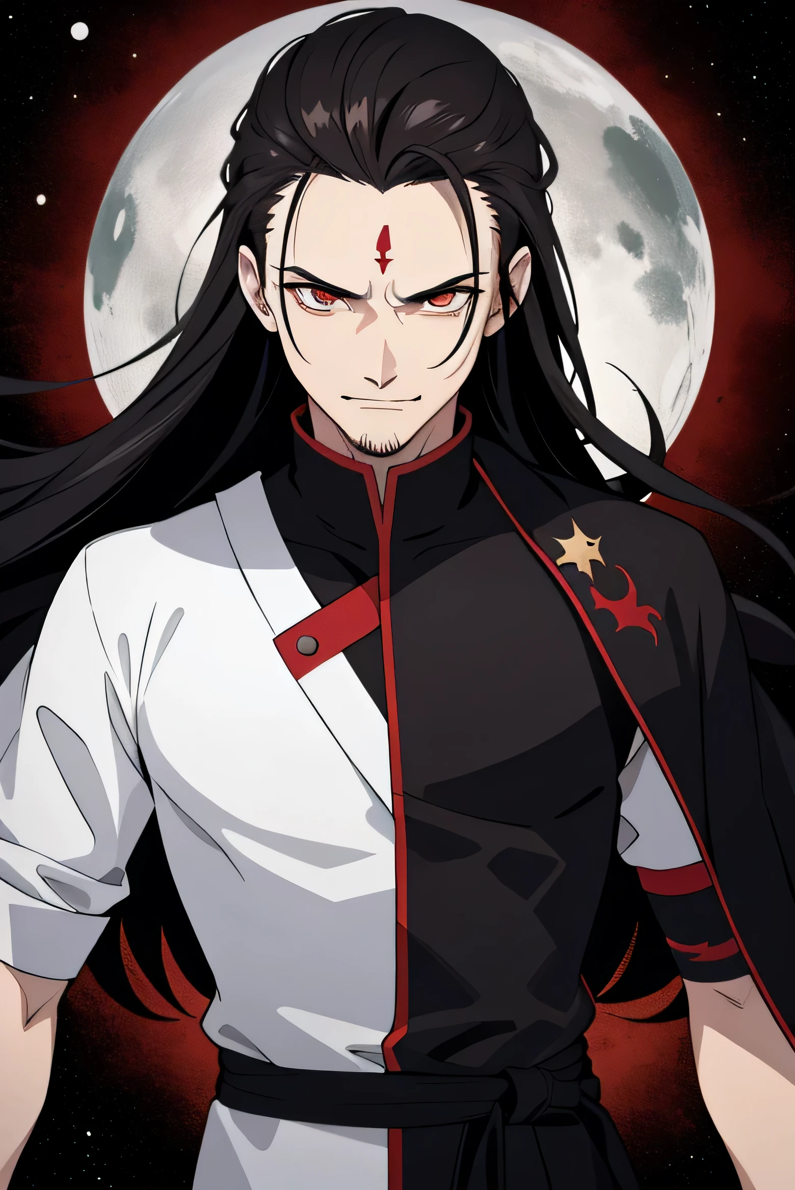 A man with long hair and a white shirt standing in front of a full moon -  SeaArt AI