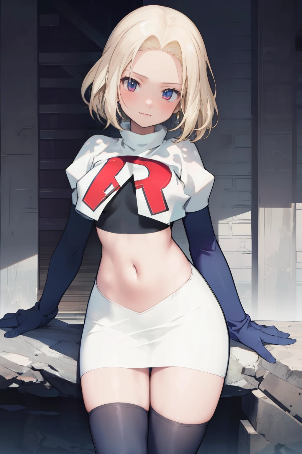 anime,(masterpiece, top quality, best quality, official art, beautiful and aesthetic:1.2), (1girl),extreme detailed,highest detailed, team rocket,team rocket uniform,white skirt,red letter R,crop top,black thigh-highs,black elbow gloves,