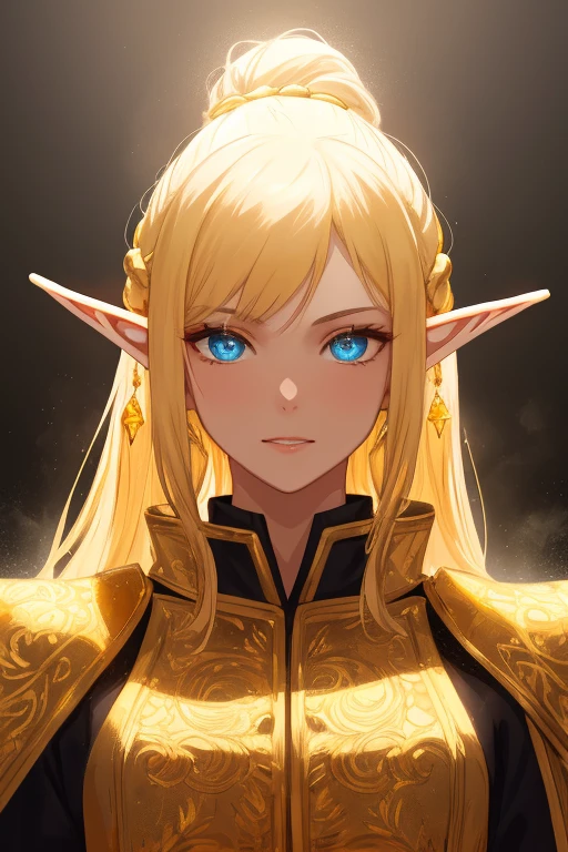 golden elf, golden hair, golden clothes, elf race, detailed eyes, detailed face, royal costume, with a glow of light around him, (best quality, masterwork: 1.2), vivid colors, luminous lighting, tone shiny gold.