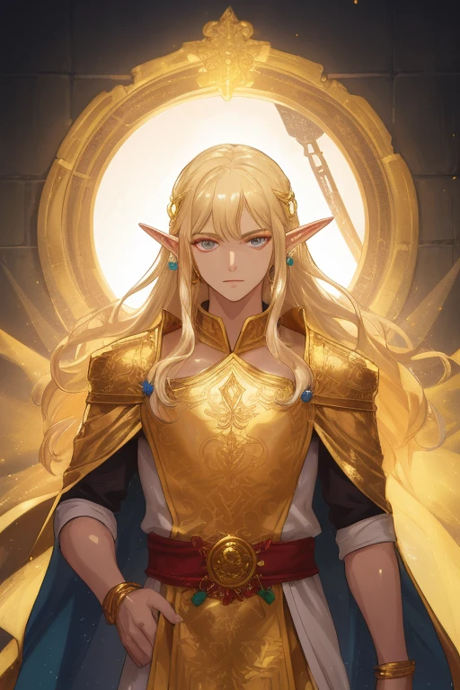 golden elf, golden hair, golden clothes, elf race, detailed eyes, detailed face, royal costume, with a glow of light around him, (best quality, masterwork: 1.2), vivid colors, luminous lighting, tone shiny gold.