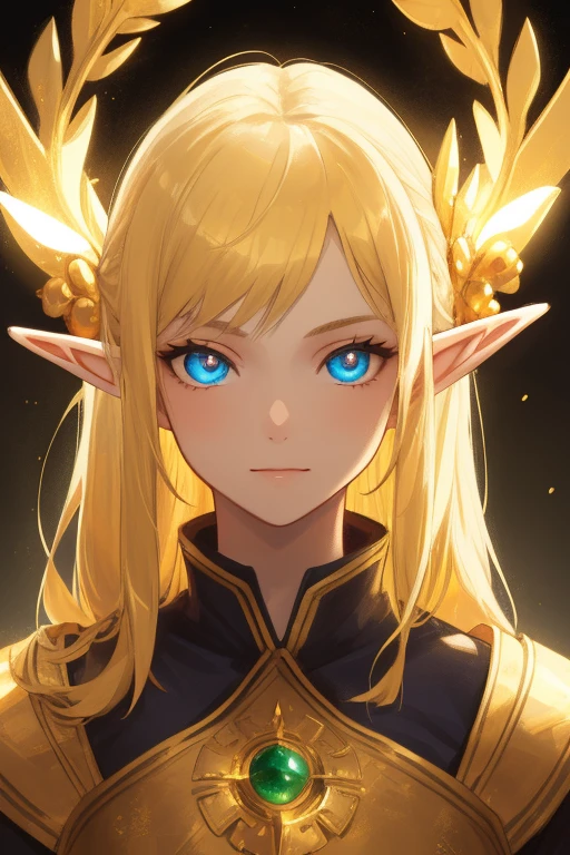 golden elf, golden hair, golden clothes, elf race, detailed eyes, detailed face, royal costume, with a glow of light around him, (best quality, masterwork: 1.2), vivid colors, luminous lighting, tone shiny gold.