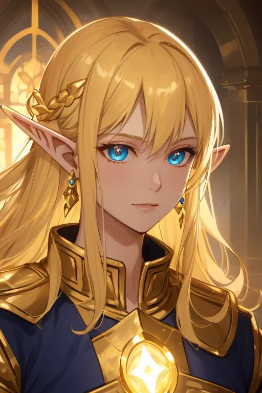 golden elf, golden hair, golden clothes, elf race, detailed eyes, detailed face, royal costume, with a glow of light around him,...