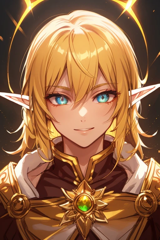 golden elf, golden hair, golden clothes, elf race, detailed eyes, detailed face, royal costume, with a glow of light around him, (best quality, masterwork: 1.2), vivid colors, luminous lighting, tone shiny gold.