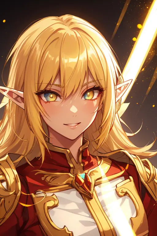 golden elf, golden hair, golden clothes, elf race, detailed eyes, detailed face, royal costume, with a glow of light around him,...