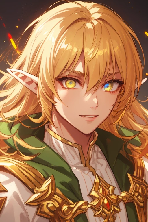 golden elf, golden hair, golden clothes, elf race, detailed eyes, detailed face, royal costume, with a glow of light around him, (best quality, masterwork: 1.2), vivid colors, luminous lighting, tone shiny gold.