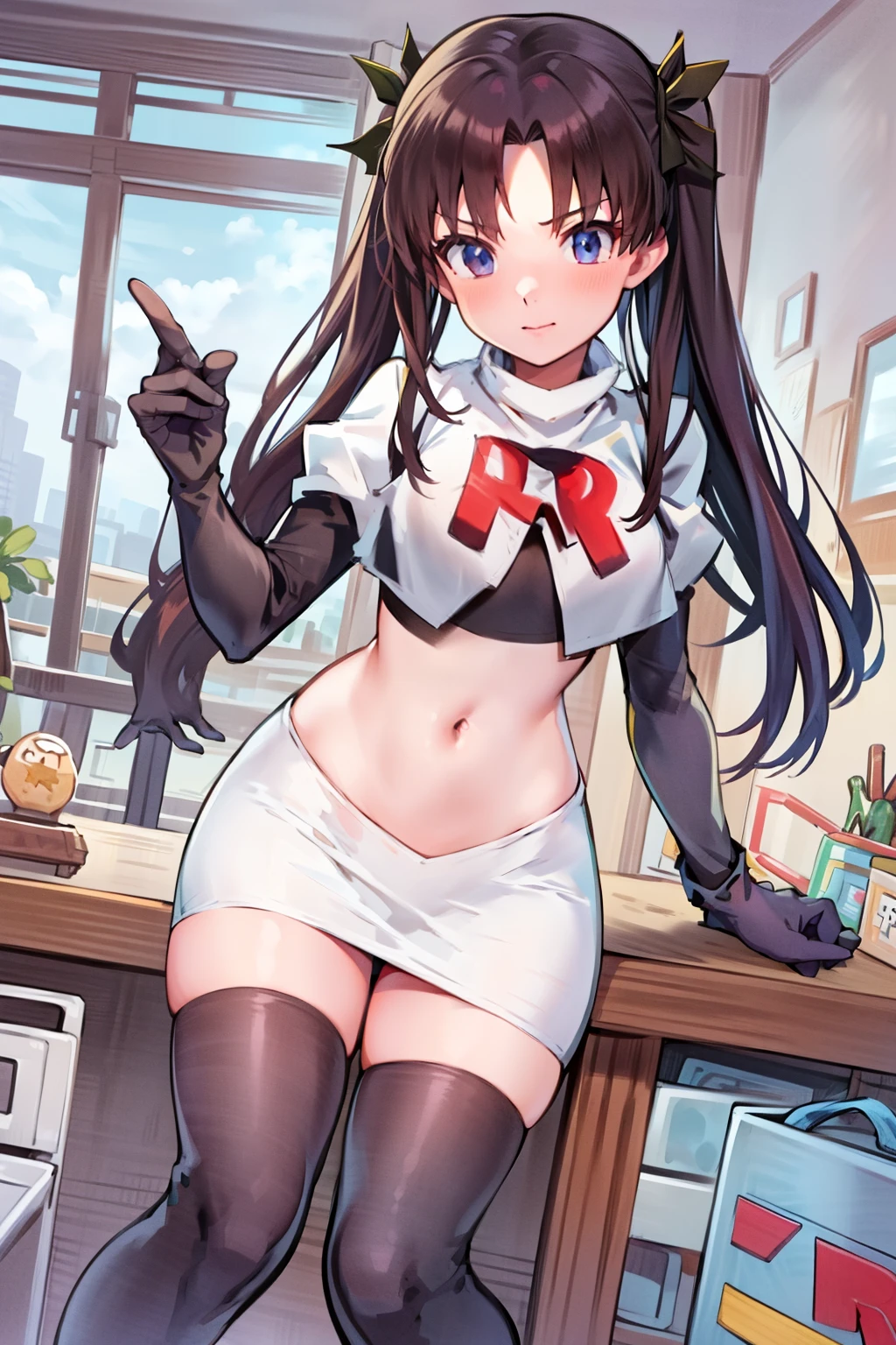 (best quality), [masterpiece], ((beautiful:0.75) cute girl:0.75), [clear and clean] pixiv (illustration), ((RinTohsaka)), black hair, twintails,team rocket,team rocket uniform,white skirt,red letter R,crop top,black thigh-highs,black elbow gloves,