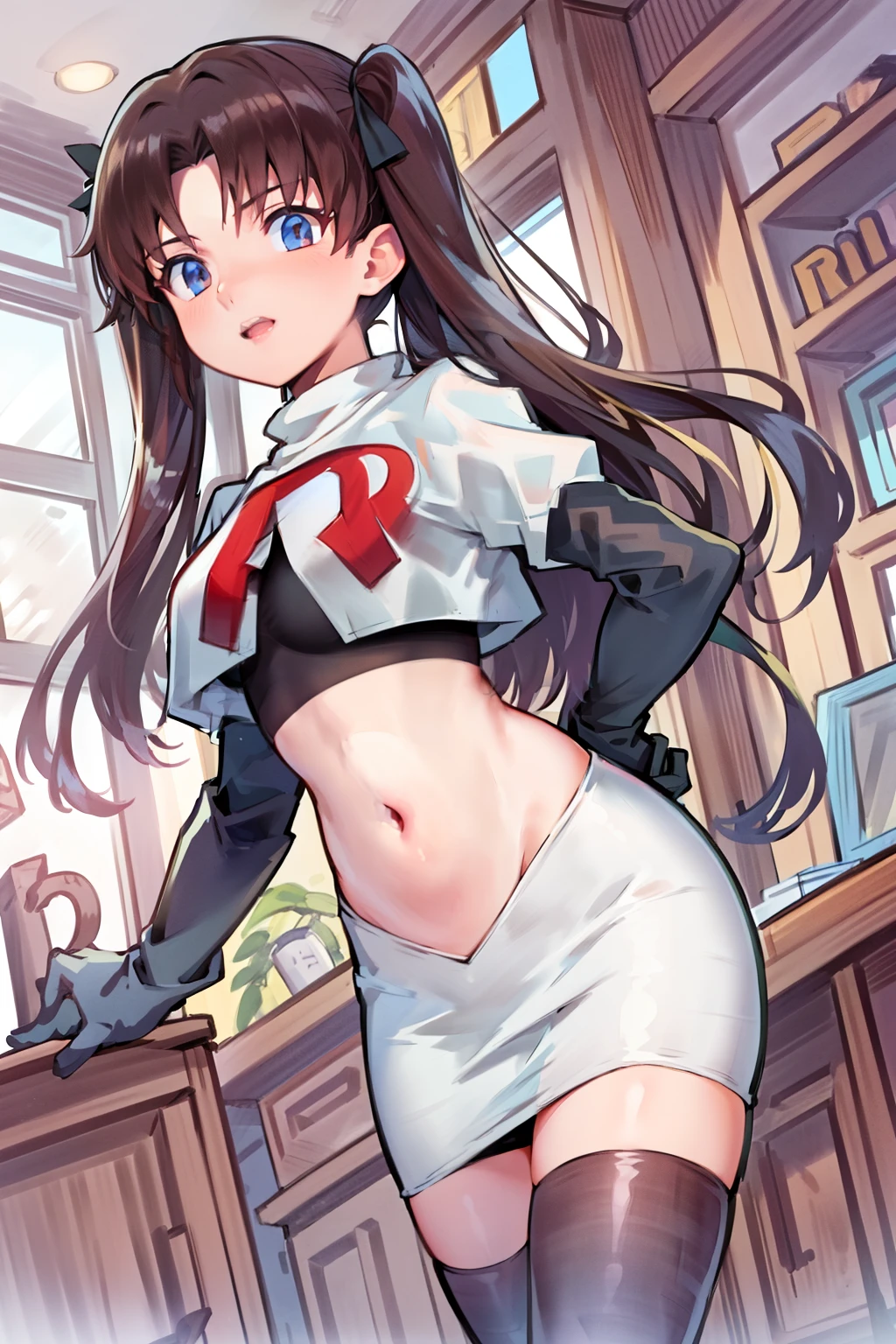 (best quality), [masterpiece], ((beautiful:0.75) cute girl:0.75), [clear and clean] pixiv (illustration), ((RinTohsaka)), black hair, twintails,team rocket,team rocket uniform,white skirt,red letter R,crop top,black thigh-highs,black elbow gloves,