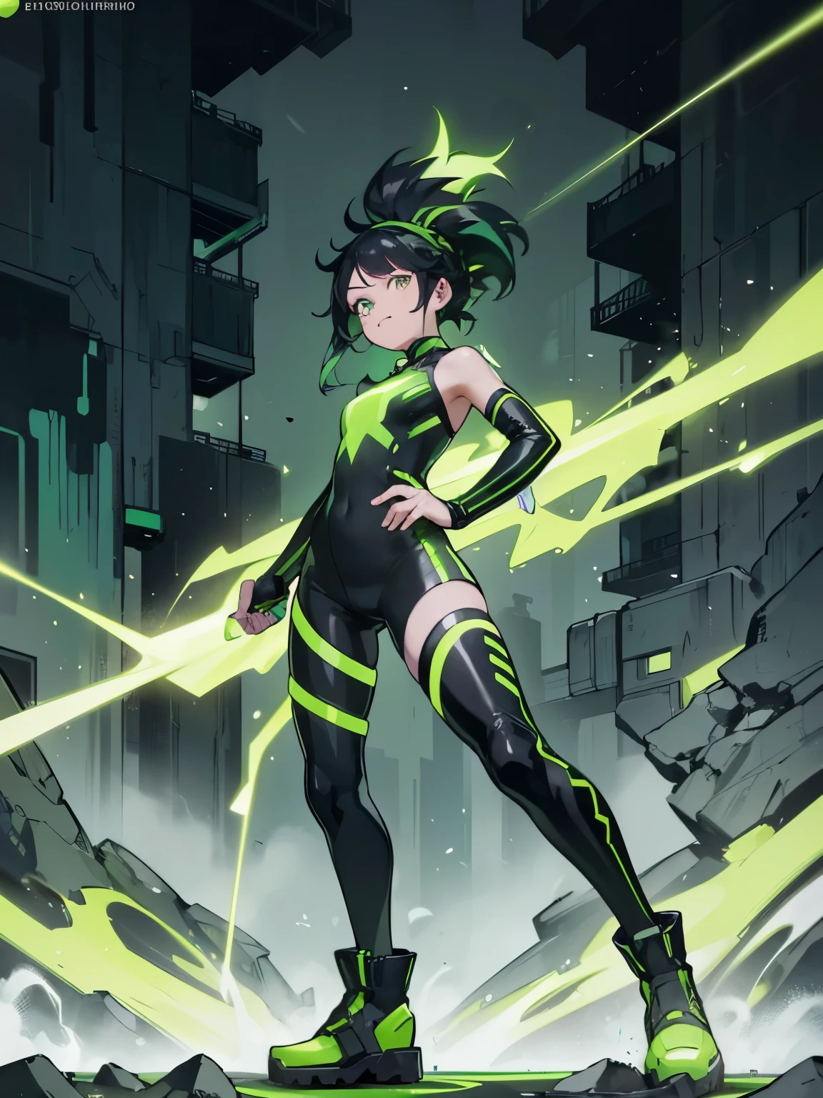 (((My Academic-Style Hero))), (foto de cuerpo entero:1.5), 1 girl, hembra, gender bender, Genderswap, Izuku Midoriya, senos medianos, caderas anchas, caderas redondas, muslos gruesos, cabello verde oscuro, cabello rizado, pelo corto, asymmetrical bangs, Flequillo lateral largo, ojos verdes, Neon Green Light Up High Leg Tight Black Wetsuit, Neon Green Light Up High Leg Tight Wetsuit, Black High Leg Wetsuit with Neon Green Light, black neon green light up thigh high boots, black boots with neon green light, neon green light up thigh high boots, black knee pads with neon green light, black elbow gauntlets with neon green light, black shoulder pads with neon green light, mirada malvada, sonrisa malvada, crazy expression, evil expression, En pie, Postura al pastel, Disparo de vaquero, Pose de disparo de vaquero, mirando al espectador, Perfect anatomy, manos perfectas, Super detailed, neon green Lightning around, Neon green lightning, Lightning around, neon green Lightning around in the background, Neon green lightning in the background lightning in the background, Lightning around the background, fondo negro, black background with lightning, fondo negro with Neon green lightning, fondo negro with Neon green lightning bolts around,