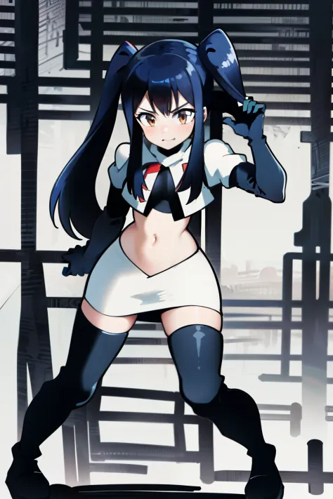 masterpiece, absurdres, Wendy_Marvell, 1girl, solo, long hair, looking at viewer, hair ornament, twintails, brown eyes, blue hair,team rocket,team rocket uniform,white skirt,red letter R,crop top,black thigh-highs,black elbow gloves,